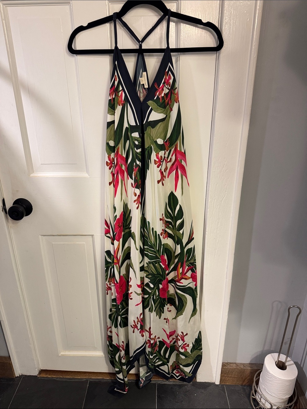 Tropical Halter Maxi Dress in White with Pink & Green Print